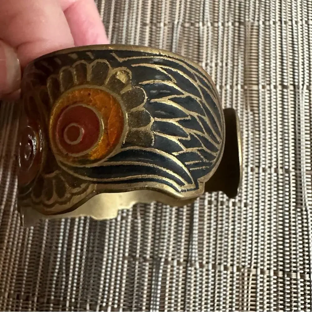 Vintage Brass Owl Cuff Bracelet Enamel India  * flaws 60s 70s 80s